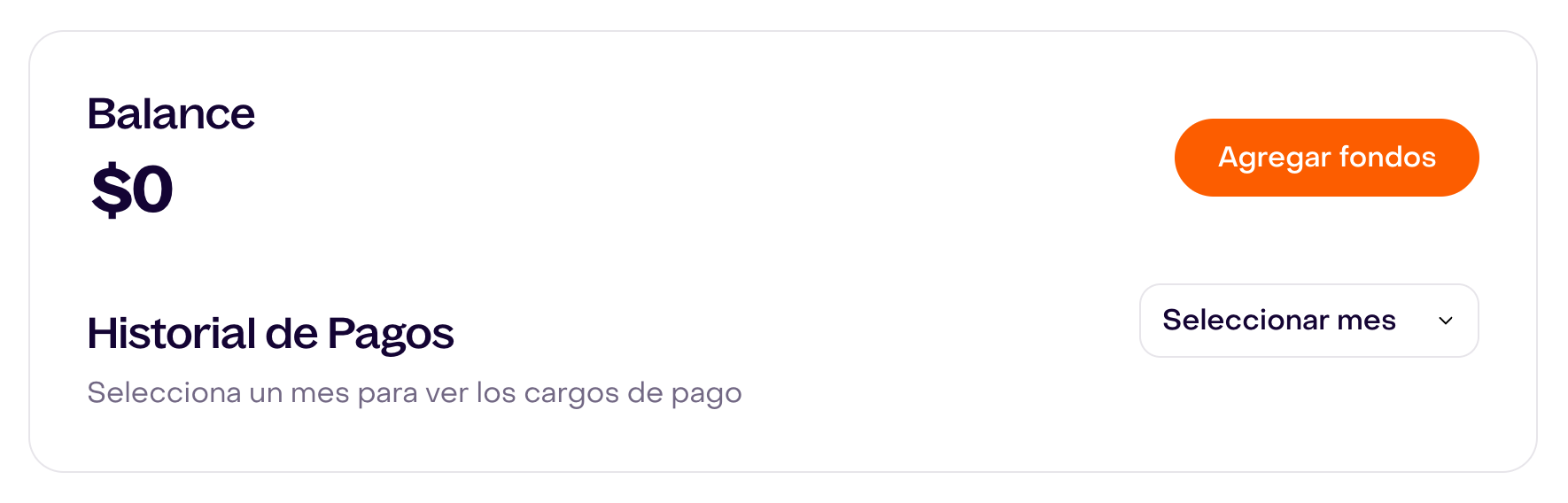 Historial de Pagos abierto en una cuenta ficticia sin movimientos, con el control Seleccionar mes.