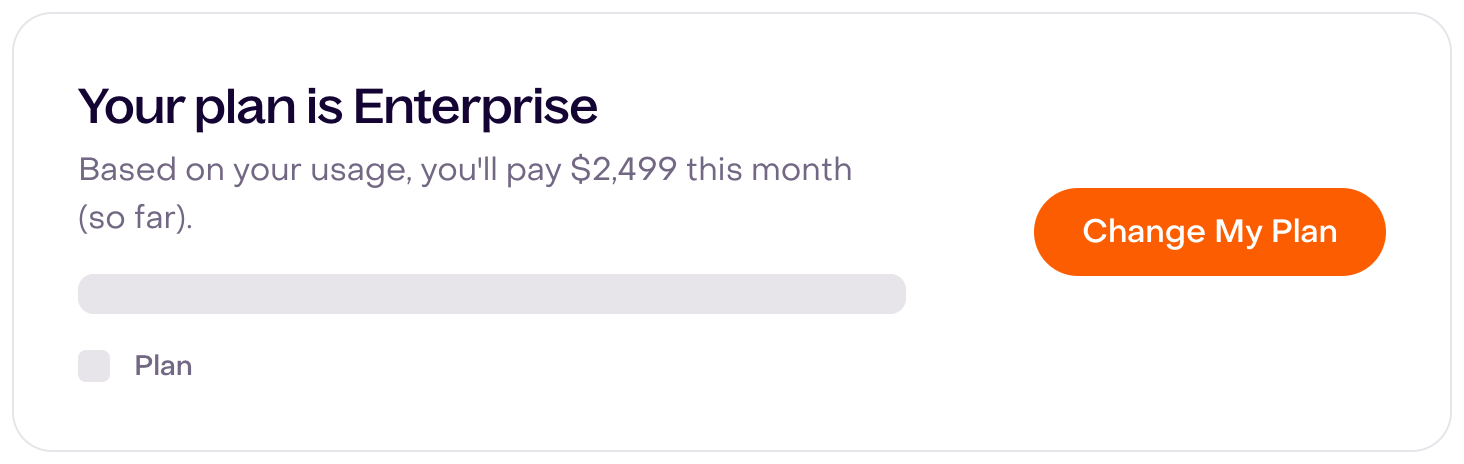 Fictional Enterprise plan card with a $2,499 monthly amount and the Change My Plan control.