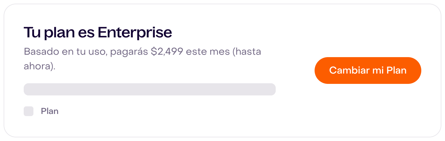 Tarjeta del plan Enterprise ficticio con monto mensual de $2,499 y el control Cambiar mi Plan.